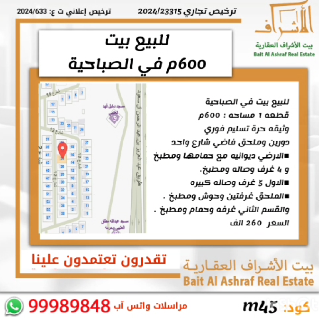 بيت للبيع فى الصباحية قطعة 1 بيت للبيع فى الصباحية قطعة 1